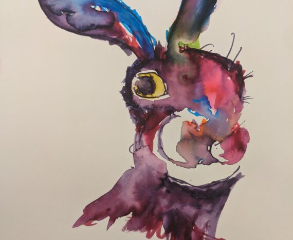 Wounded bunny, inner animal. Hurt hare. Water colour bunny rabbit. Dark colours, painting
