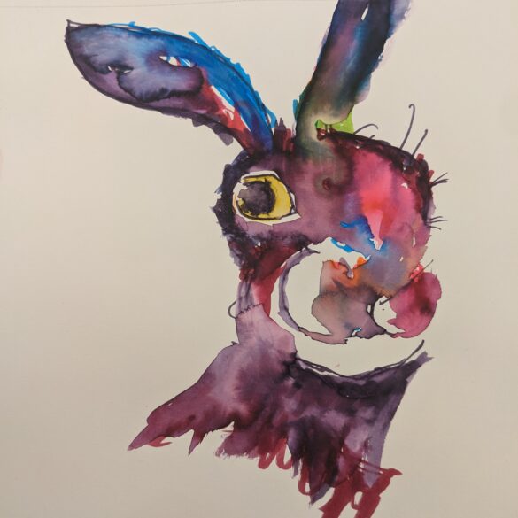 Wounded bunny, inner animal. Hurt hare. Water colour bunny rabbit. Dark colours, painting